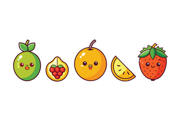 Fruits in adorable cartoon style, including lime, passion fruit, orange, lemon, and strawberry with happy faces, perfect for kids or playful designs