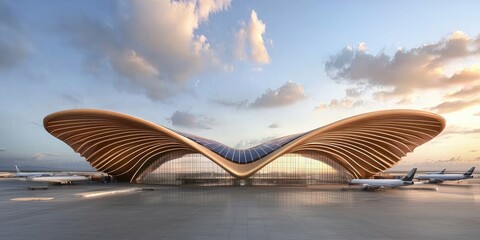 Energy saving sustainability concept. A modern airport terminal featuring a unique, solar panels, flowing architectural design with wooden elements and a backdrop of cloudy skies.