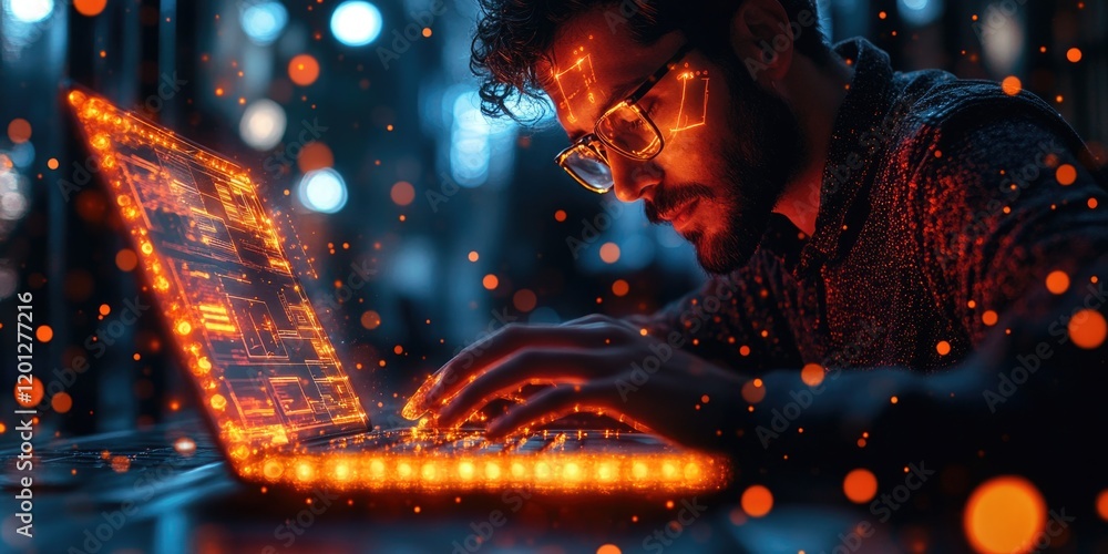 Poster a person using a laptop computer, possibly working or studying