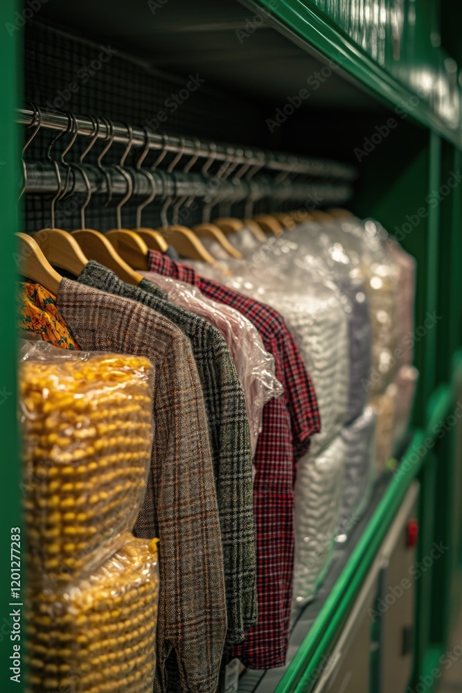 Poster a vibrant display of variously colored shirts on a green shelf