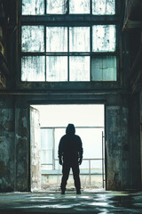 Silhouette of a person in a hoodie standing at the entrance of an abandoned industrial building, creating a mysterious and moody atmosphere.