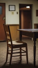 Classic wooden chair positioned beside a dark wooden table in an elegant room setting