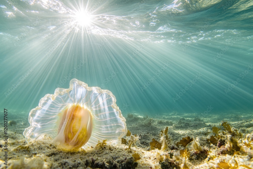 Poster a shell partially buried in sand at the bottom of the ocean, with sunlight filtering through the wat