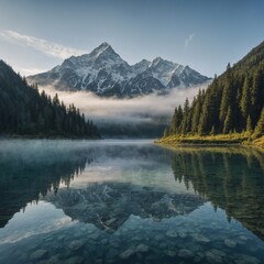 A serene mystical mountain range with tall snowy peaks reflecting in a crystal-clear lake, surrounded by lush forests and ethereal morning fog.