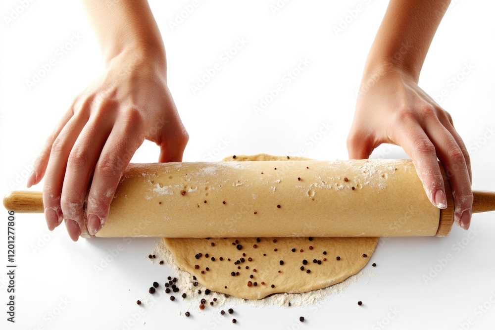 Poster a person using a rolling pin to flatten and shape a dough