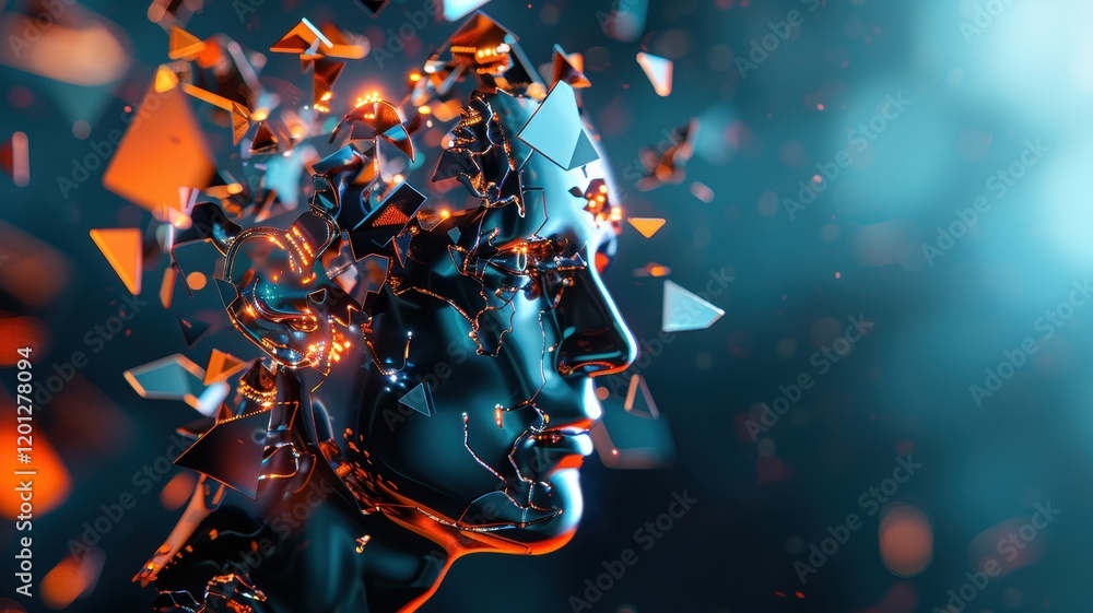 Poster a fragmented humanoid face emerging from a dynamic background, showcasing a blend of technology and 