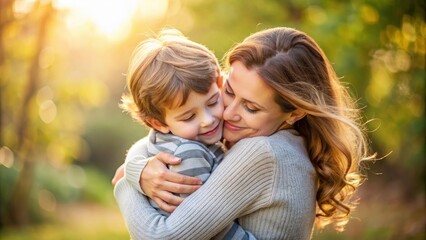 Fototapeta premium A heartwarming image of a mother embracing her child, love, nurturing, caring, affectionate, family, bond, connection