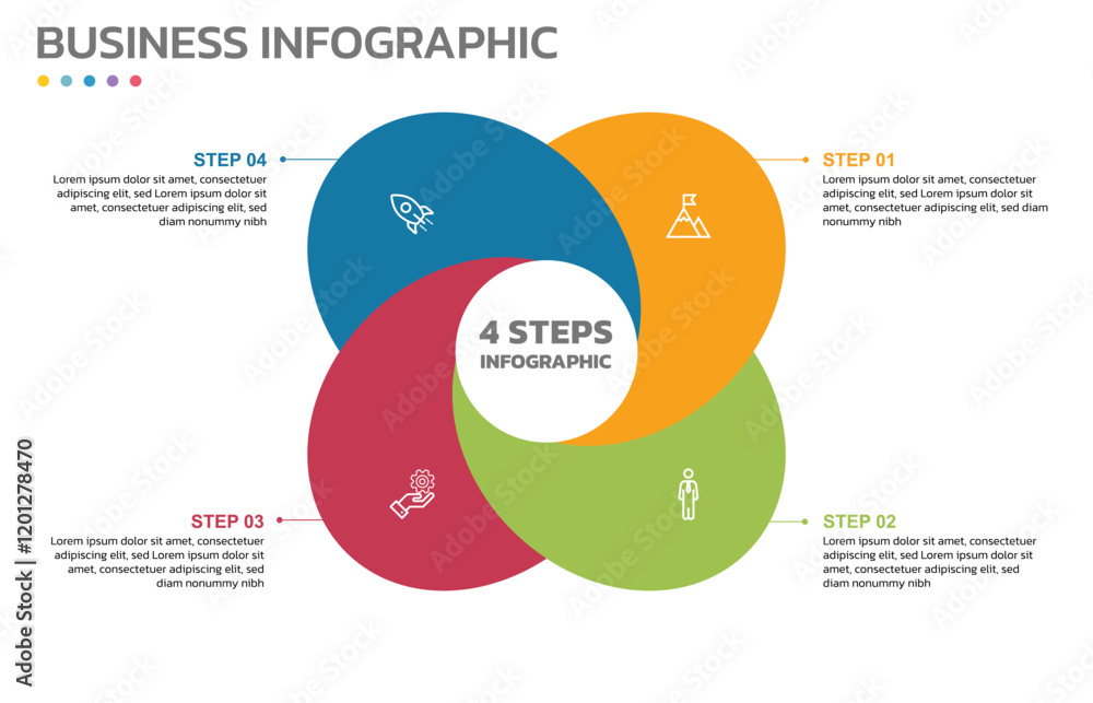 Poster Visual data presentation. Cycle diagram with 4 options. Pie Chart Circle infographic template with 4 steps, options, parts, segments. Business concept. Editable pie chart with sectors.