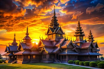 Majestic Wooden Palace Silhouette at Sunset - Epic Architectural Stock Photo