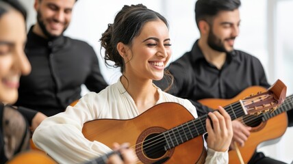 Obraz premium A group of musicians joyfully playing acoustic guitars, with a focus on a smiling woman in the foreground, in a bright, modern setting.