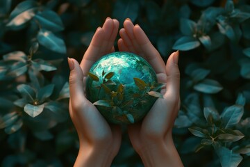 A person holds a green globe in their hands