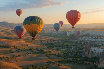 Fototapeta premium Colorful hot air balloons ascend into the sky during a beautiful sunrise in Cappadocia, Turkey