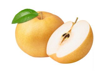 Pear with leaf and slice isolated