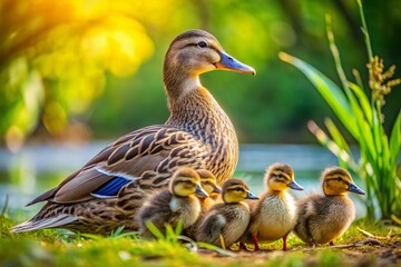Obraz premium Mallard Duck Family: Mother Duck and Ducklings in Natural Habitat - Documentary Style Wildlife Photography