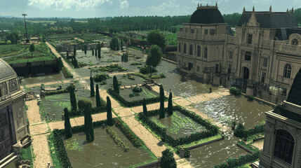 Flooded formal gardens and grand chateau