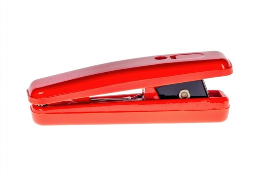 A red stapler lying open on a white surface, ready for use
