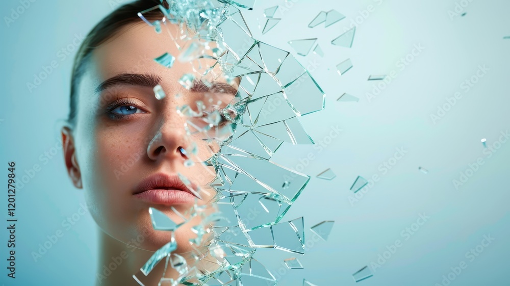 Poster a woman's face appears to dissolve into shards of glass, creating a surreal and artistic visual effe