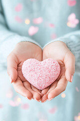 A woman is holding a pink heart-shaped candy in her hand