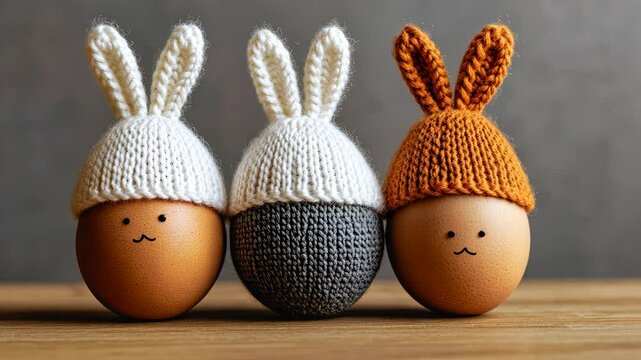 Three eggs with bunny hats on top of them. The hats are white and orange. The eggs are sitting on a wooden table