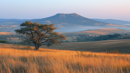 Fototapeta premium Lone Tree on Hilltop: A solitary tree stands sentinel on a golden hillside, overlooking a tranquil valley and a majestic distant mountain under a serene sunrise sky. 