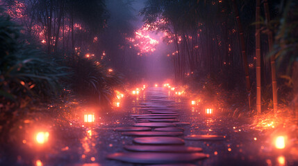 Enchanting Pathway Through Illuminated Bamboo Forest