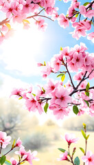 Obraz premium Spring border or background art with pink blossom. Beautiful nature scene with blooming tree and sun flare, watercolor, with white tones