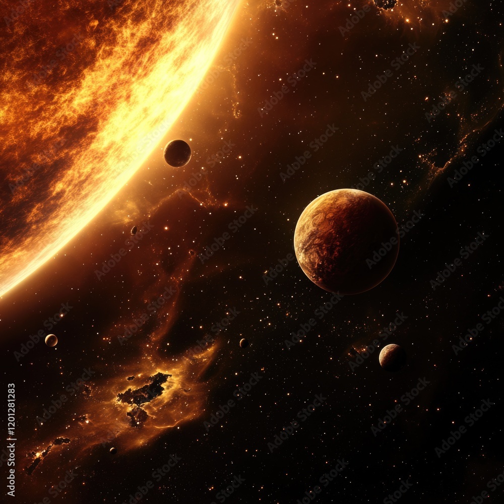 Poster a group of planets orbiting around a bright sun in the distance, ideal for astronomy and space-relat