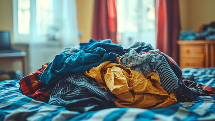 A pile of clothing unfolded and unpacked on the bed in the bedroom, messy and untidy bedroom, lazy and lack of discipline