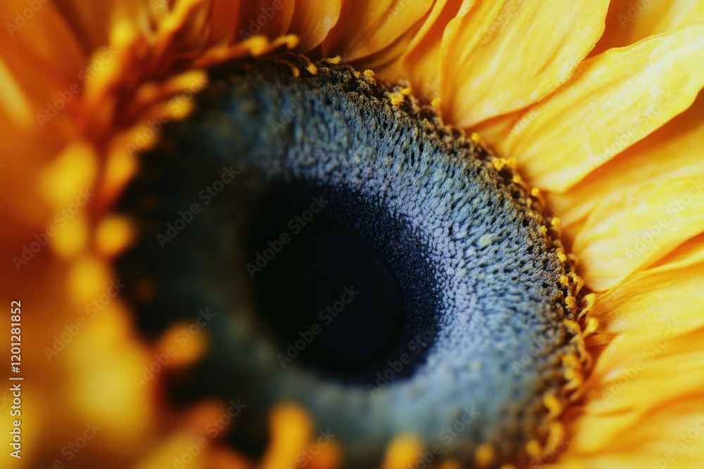 Poster close-up of a sunflower with a unique blue-centered flower, great for use in botanical or nature-the