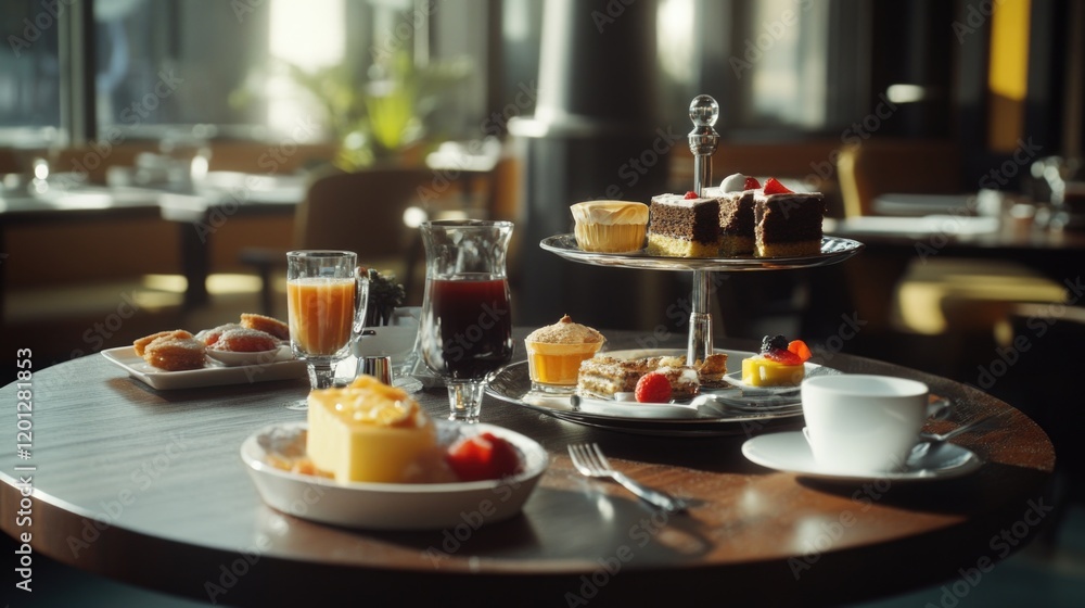 Aufkleber a table set with various plates of food and drinks, ready for a party or event