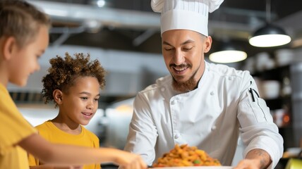 A chef presents a dish to two smiling children in a bright kitchen, showcasing a joyful cooking experience.