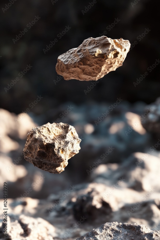 Poster close-up of a rock floating in the air, no strings or wires visible