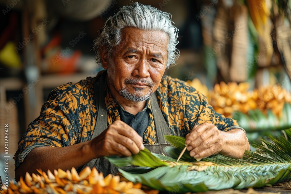 Poster a person sitting at a table surrounded by bananas, possibly for snacking or research