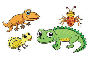 Obraz premium Colorful cartoon characters of amphibians, reptiles, and insects, including lizards, frogs, beetles, and butterflies, in a playful and cute style