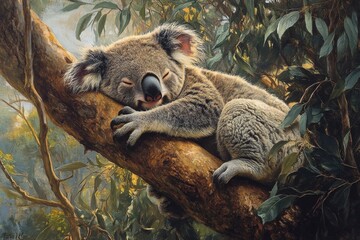 Fototapeta premium Koala resting peacefully on a tree branch in a serene forest environment during daylight