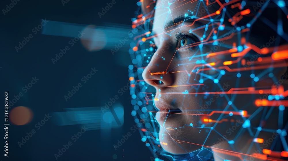 Poster a digital representation of a woman’s face with abstract data visualizations, symbolizing technology
