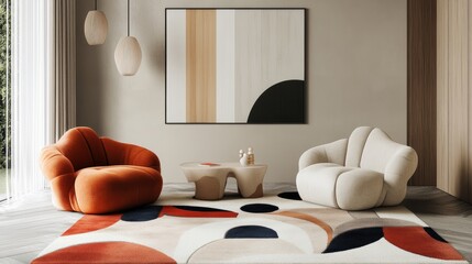 Chic children's bedroom with a geometric rug, minimalist decor, and contemporary furnishings, offering a fun yet sophisticated vibe