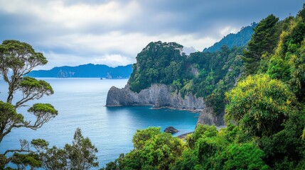 Obraz premium Coastal Paradise: Majestic Cliffs, Lush Forests, and Tranquil Waters