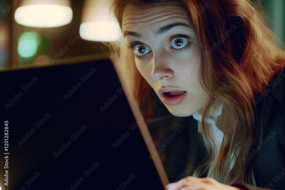 Poster a person with a surprised expression looking at a laptop, suitable for technology and internet-relat