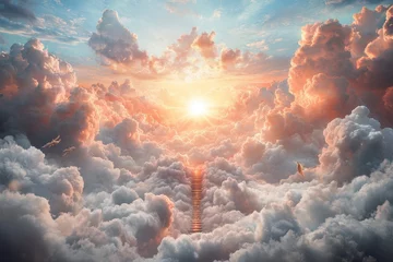 Golden rays of sunlight break through vibrant clouds, revealing a staircase leading to the heavens at dusk. Generative AI