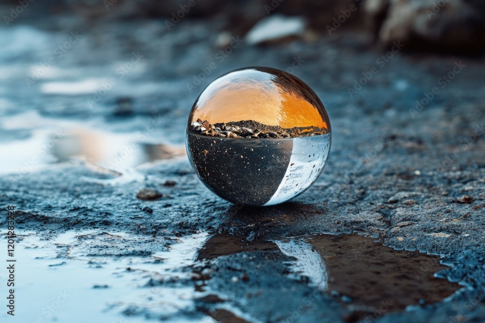 Aufkleber a clear glass sphere resting on the surface of a small pool of water