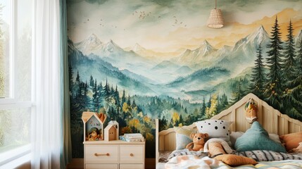 Childs room with eco-friendly design and photorealistic adventure-themed wallpaper, showcasing vibrant forests and mountains for a whimsical touch