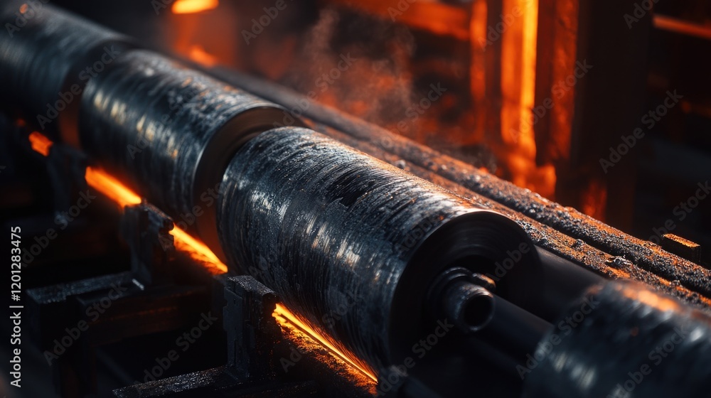 Poster a close-up view of a metal pipe being transported on a conveyor belt