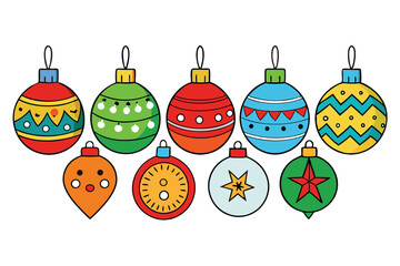 Illustrations of adorable and colorful Christmas tree ornaments with fun faces and bright patterns, perfect for holiday cards and cheerful designs
