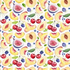 Watercolor seamless pattern with peaches fruit slices, cherries, figs and blackberries. Fruit hand drawn elements for summer food design