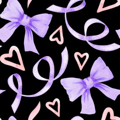 Watercolor lavender bow and ribbon hand painted seamless pattern