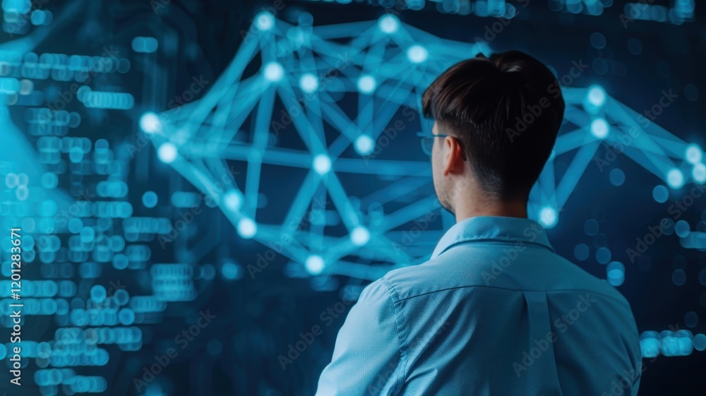 Poster a person analyzes digital data visualizations on a screen, suggesting themes of technology and data 