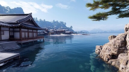 Fototapeta premium Peaceful Lakeside Village in Winter