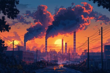 Obraz premium Industrial landscape with smokestacks at sunset under a colorful sky