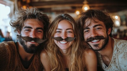 Group of friends having fun on April Fools' Day. People with fake moustache.